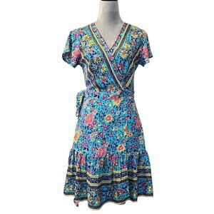 Zesica Women's XS Boho Floral V-Neck Wrap Dress Short Blue Summer Casual Flowy
